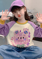 Handmade Purple O-Neck Print Patchwork Kids Top Fall