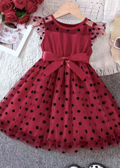 Handmade Red Dot Bow Tulle Patchwork Kids Holiday Dress Sleeveless