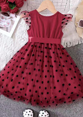 Handmade Red Dot Bow Tulle Patchwork Kids Holiday Dress Sleeveless