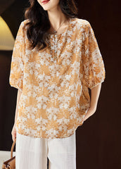 Handmade Yellow Print Button Chiffon Top Summer