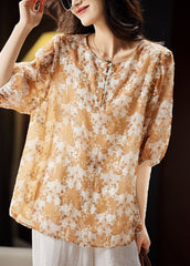 Handmade Yellow Print Button Chiffon Top Summer