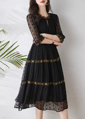 Italian Black Embroidered Exra Large Hem Silk Dress Summer