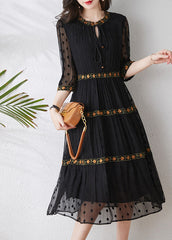 Italian Black Embroidered Exra Large Hem Silk Dress Summer