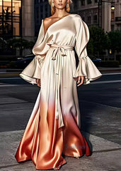 Italian Champagne Asymmetrical Patchwork Silk Long Dress Long Sleeve