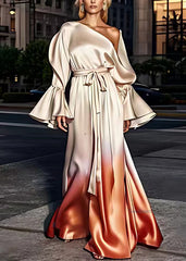 Italian Champagne Asymmetrical Patchwork Silk Long Dress Long Sleeve