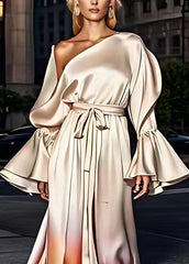 Italian Champagne Asymmetrical Patchwork Silk Long Dress Long Sleeve