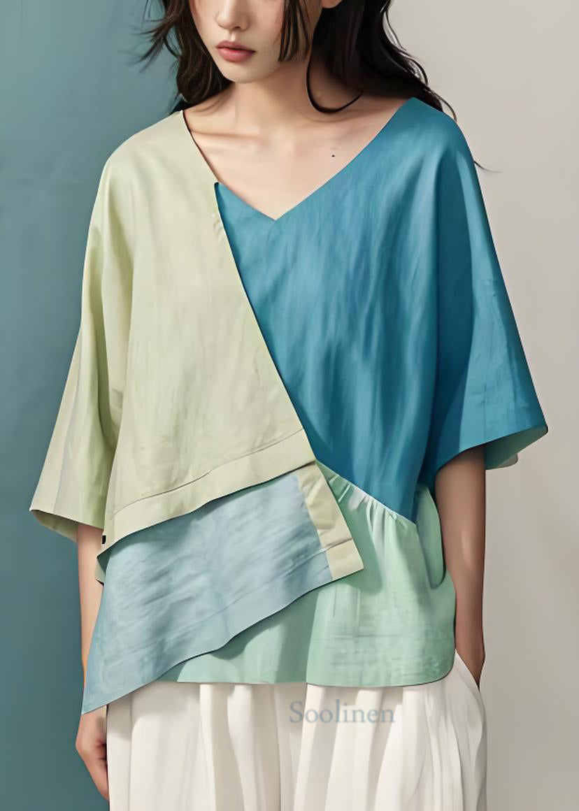 Italian Colorblock Asymmetrical Patchwork Cotton Blouses Top Summer