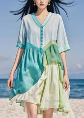 Italian Colorblock Ruffled Asymmetrical Patchwork Cotton Dress Summer