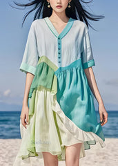 Italian Colorblock Ruffled Asymmetrical Patchwork Cotton Dress Summer