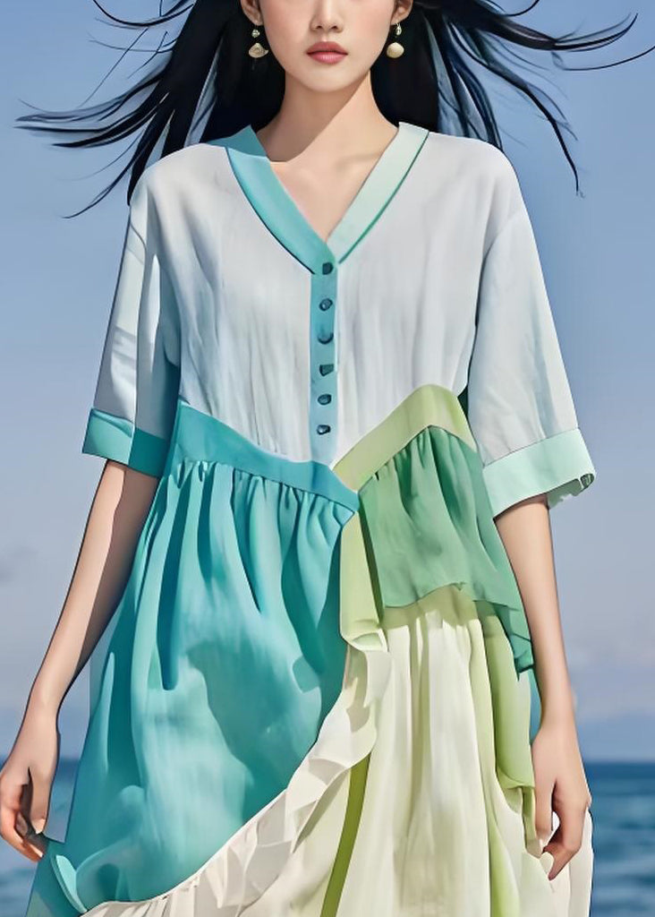 Italian Colorblock Ruffled Asymmetrical Patchwork Cotton Dress Summer