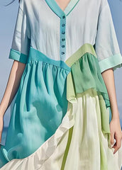 Italian Colorblock Ruffled Asymmetrical Patchwork Cotton Dress Summer