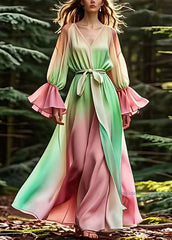 Italian Green V Neck Patchwork Silk Long Dresses Lantern Sleeve