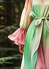 Italian Green V Neck Patchwork Silk Long Dresses Lantern Sleeve