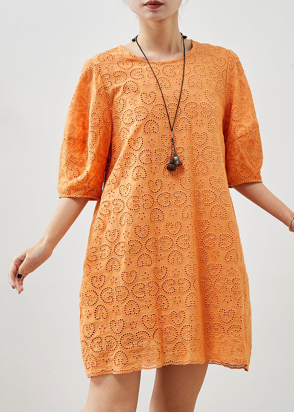 Italian Orange Embroidered Hollow Out Cotton Dress Summer