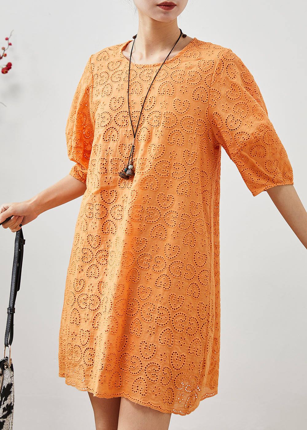 Italian Orange Embroidered Hollow Out Cotton Dress Summer