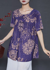 Italian Purple Oversized Print Silk Shirt Tops Summer