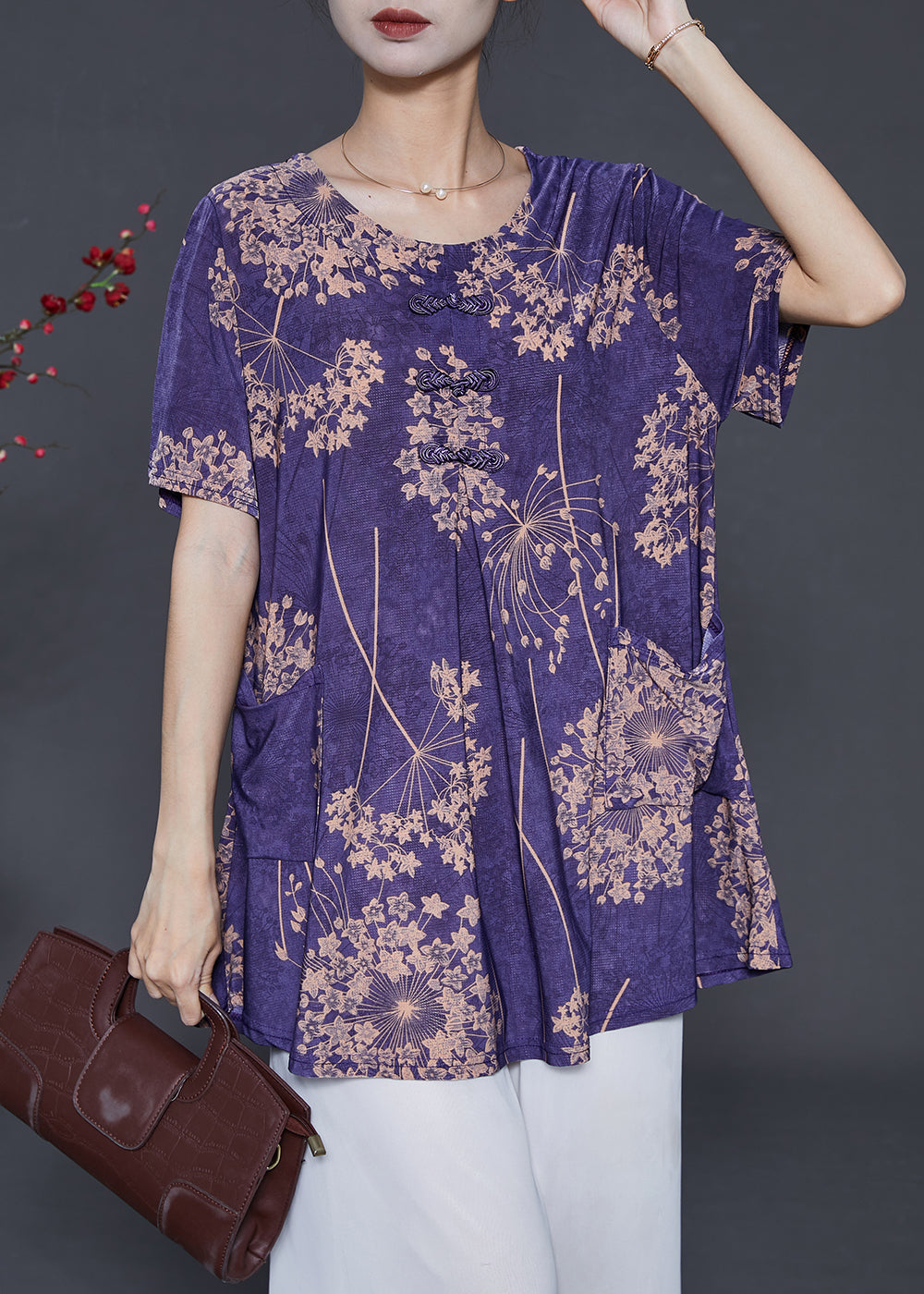 Italian Purple Oversized Print Silk Shirt Tops Summer