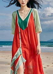 Italian V Neck Asymmetrical Side Open Patchwork Cotton Dress Summer