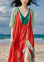 Italian V Neck Asymmetrical Side Open Patchwork Cotton Dress Summer