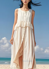 Italian White Ruffled Button Patchwork Cotton Dress Sleeveless