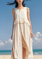 Italian White Ruffled Button Patchwork Cotton Dress Sleeveless