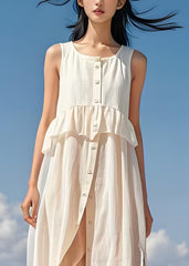 Italian White Ruffled Button Patchwork Cotton Dress Sleeveless