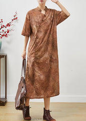 Khaki Tie Dye Linen Long Dresses Chinese Button Summer