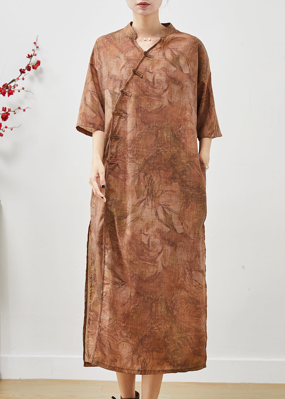 Khaki Tie Dye Linen Long Dresses Chinese Button Summer