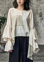 Loose Apricot O Neck Patchwork Cotton Top Flare Sleeve