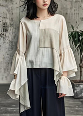 Loose Apricot O Neck Patchwork Cotton Top Flare Sleeve