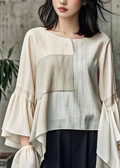 Loose Apricot O Neck Patchwork Cotton Top Flare Sleeve