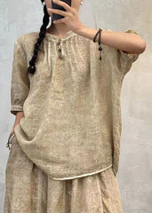 Loose Apricot Stand Collar Button Cotton Top Summer