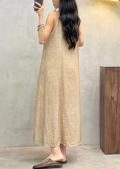 Loose Apricot V Neck Solid Linen Spaghetti Strap Dress Sleeveless