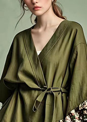 Loose Army Green V Neck Ruffled Patchwork Tie Waist Tops Fall