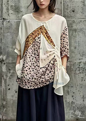 Loose Beige O-Neck Print Patchwork Top Short Sleeve