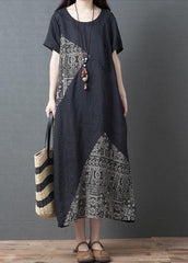 Loose Stripe color O-Neck Patchwork Pockets Summer Holiday Dress Short Sleeve