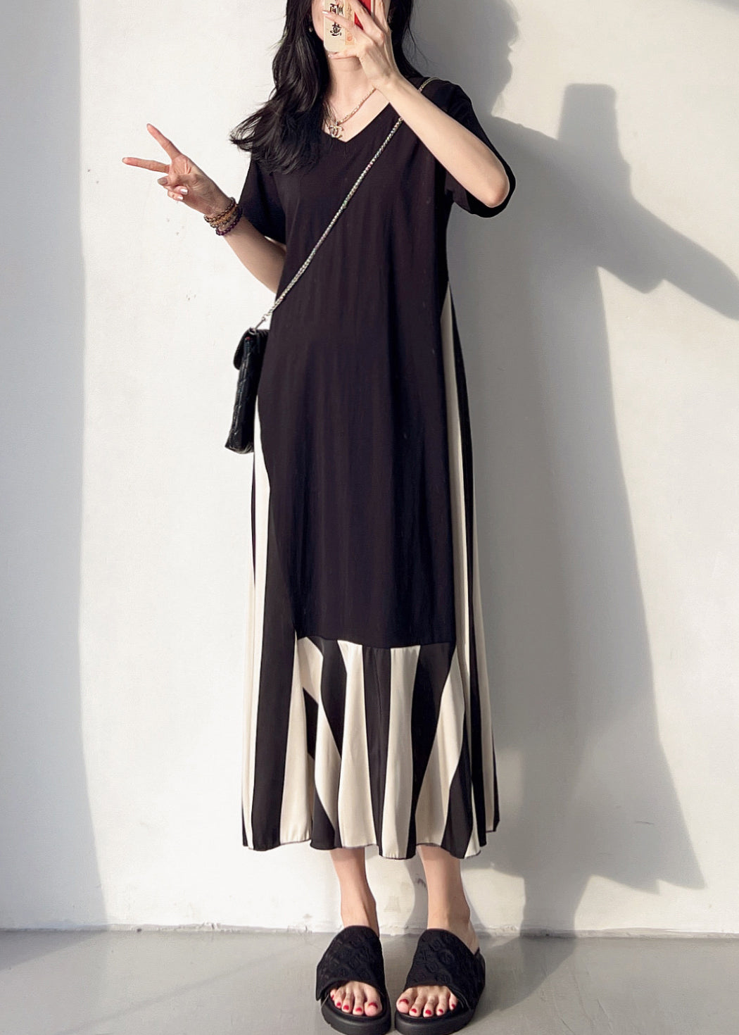 Loose black geometric tie dye V Neck Patchwork Cotton Long Dress Summer