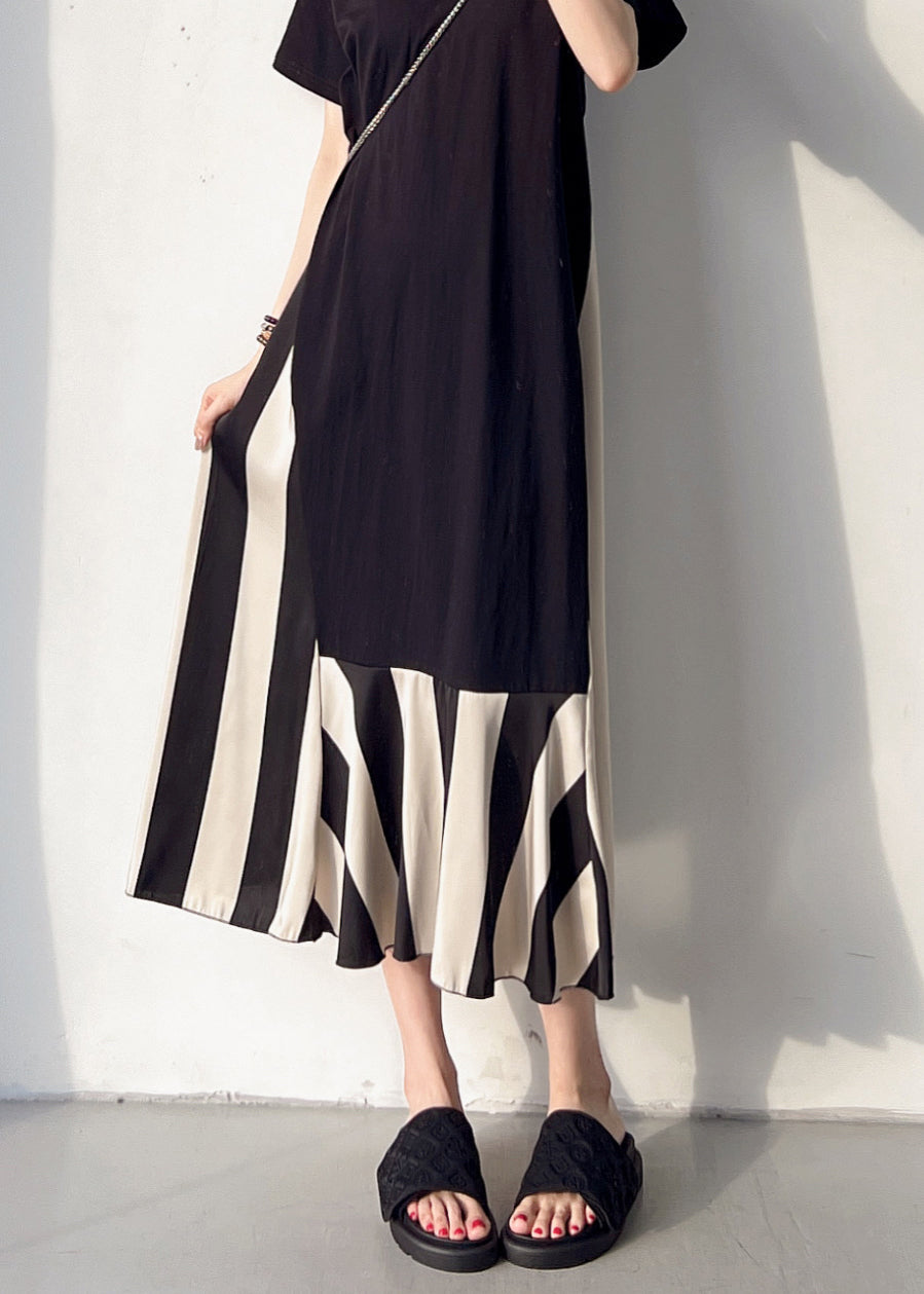 Loose black geometric tie dye V Neck Patchwork Cotton Long Dress Summer