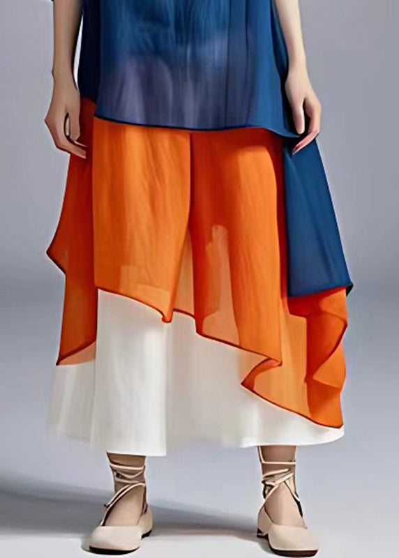 Loose Blue O-Neck Patchwork Chiffon Long Dress Summer