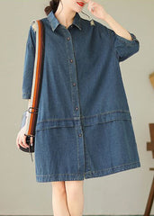 Loose Blue Peter Pan Collar Button Denim Mid Dress Half Sleeve