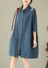 Loose Blue Peter Pan Collar Button Denim Mid Dress Half Sleeve