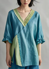 Loose Blue V Neck Ruffled Patchwork Cotton Shirt Top Summer