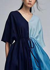 Loose Colorblock V Neck Lace Up Cotton Dresses Summer