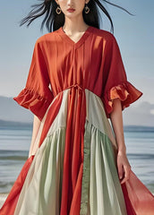 Loose Colorblock V Neck Wrinkled Patchwork Cotton Dress Butterfly Sleeve