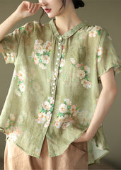 Loose Green Print Ramie Top Short Sleeve