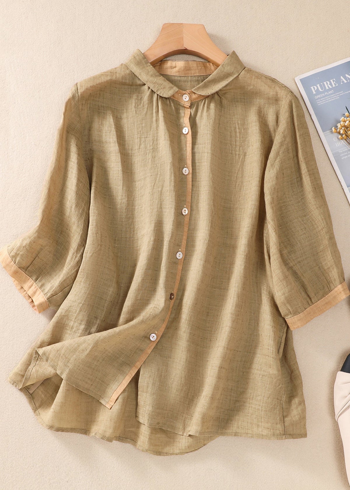 Loose Khaki Peter Pan Collar Button Linen Blouse Tops Summer