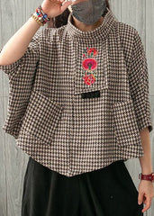 Loose Khaki Plaid Pockets Cotton Top Half Sleeve