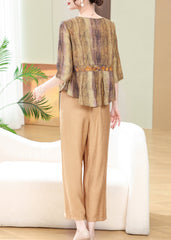 Loose Khaki Print Tops And Crop Pants Cotton Two Piece Set Summer