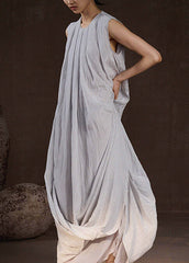 Loose Light Blue O-Neck Wrinkled Long Dress Sleeveless