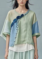 Loose Light Green Patchwork Floral Top Half Sleeve